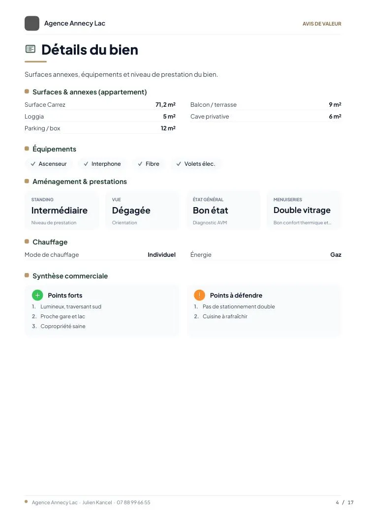 Page Détails du bien avec la synthèse commerciale